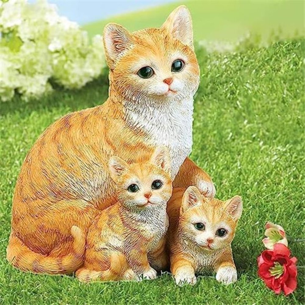 Resin Cat & Kitten Garden Statue Outdoor Decor